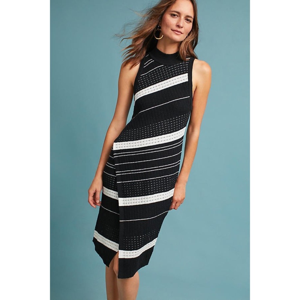 Anthropologie Moth Velda Asymmetric Knit Midi Dress In Black and White Stripe
